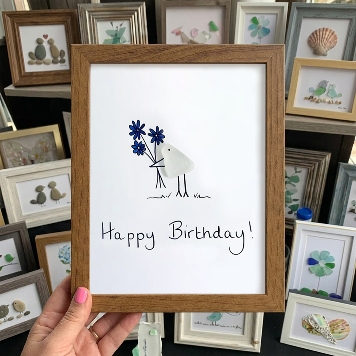 Happy Birthday Bouquet & Bird Sea Glass Framed Art - Walnut Brown - 8" X 6" - image 10