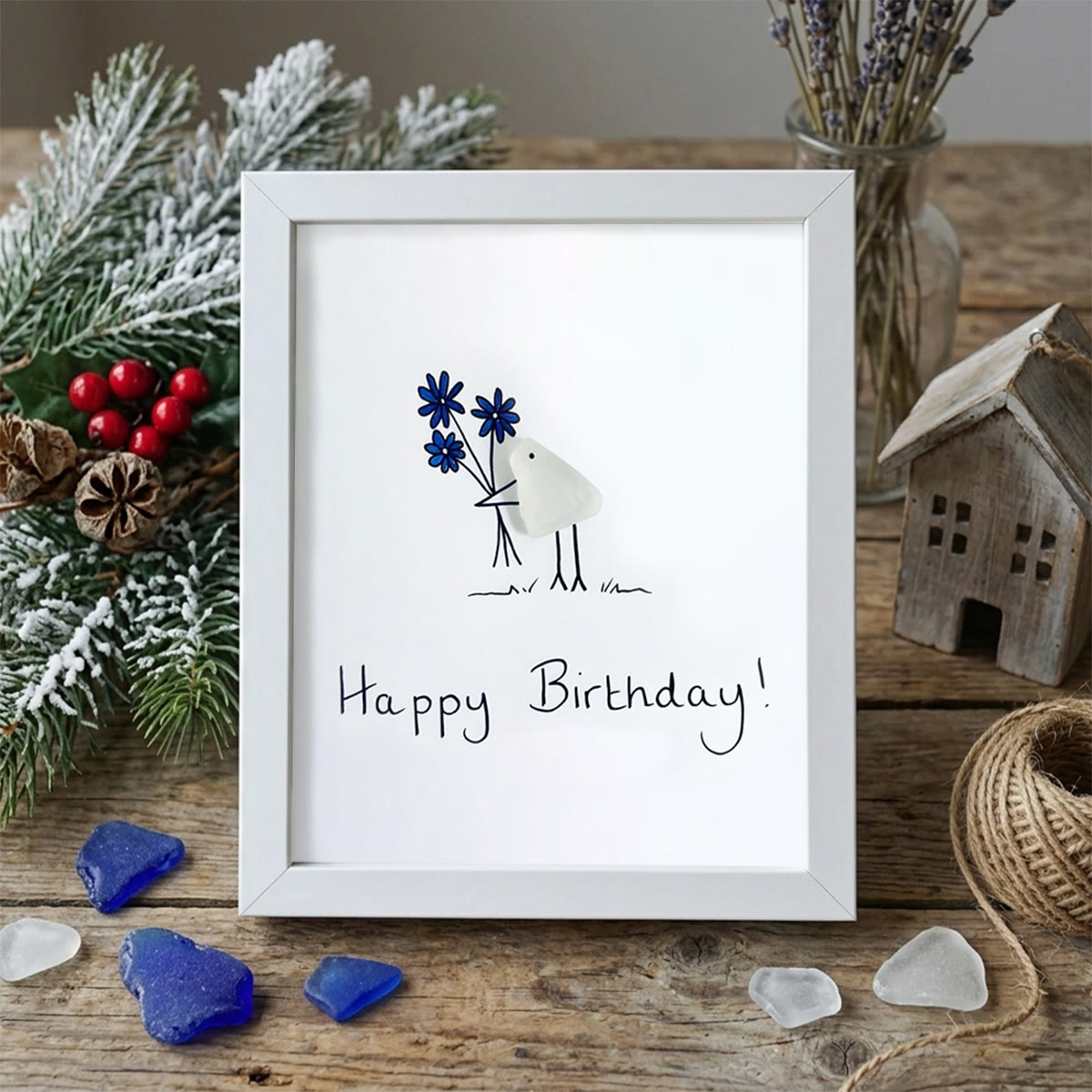 Happy Birthday Bouquet & Bird Sea Glass Framed Art - White - 8" X 6" - image 12