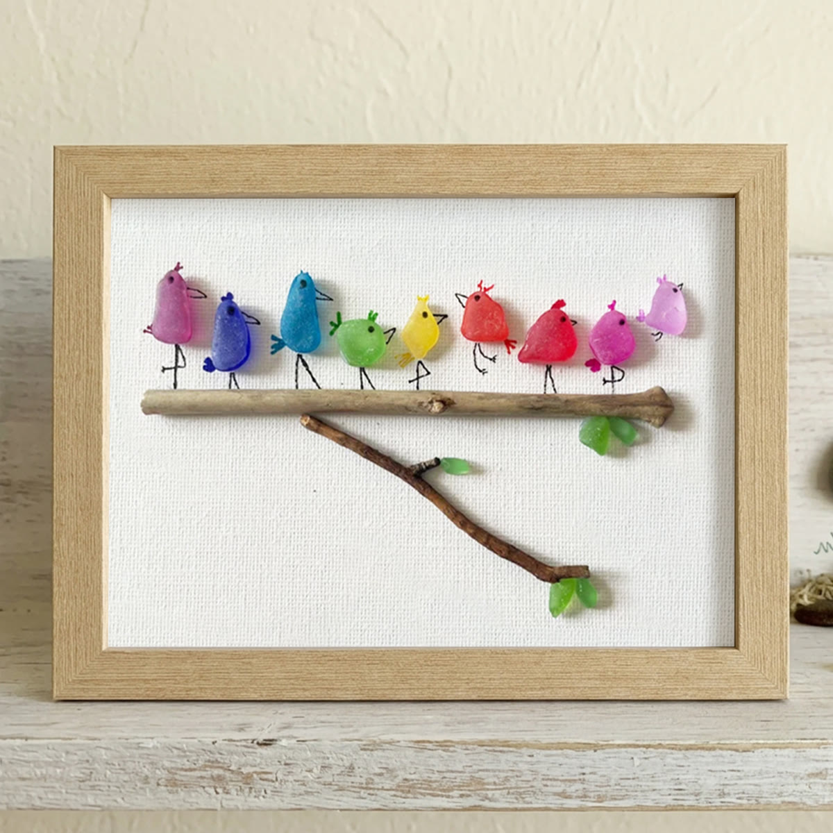 Rainbow Bird Family Chorus Sea Glass Framed Art - Oak - 6" X 8" - image 12