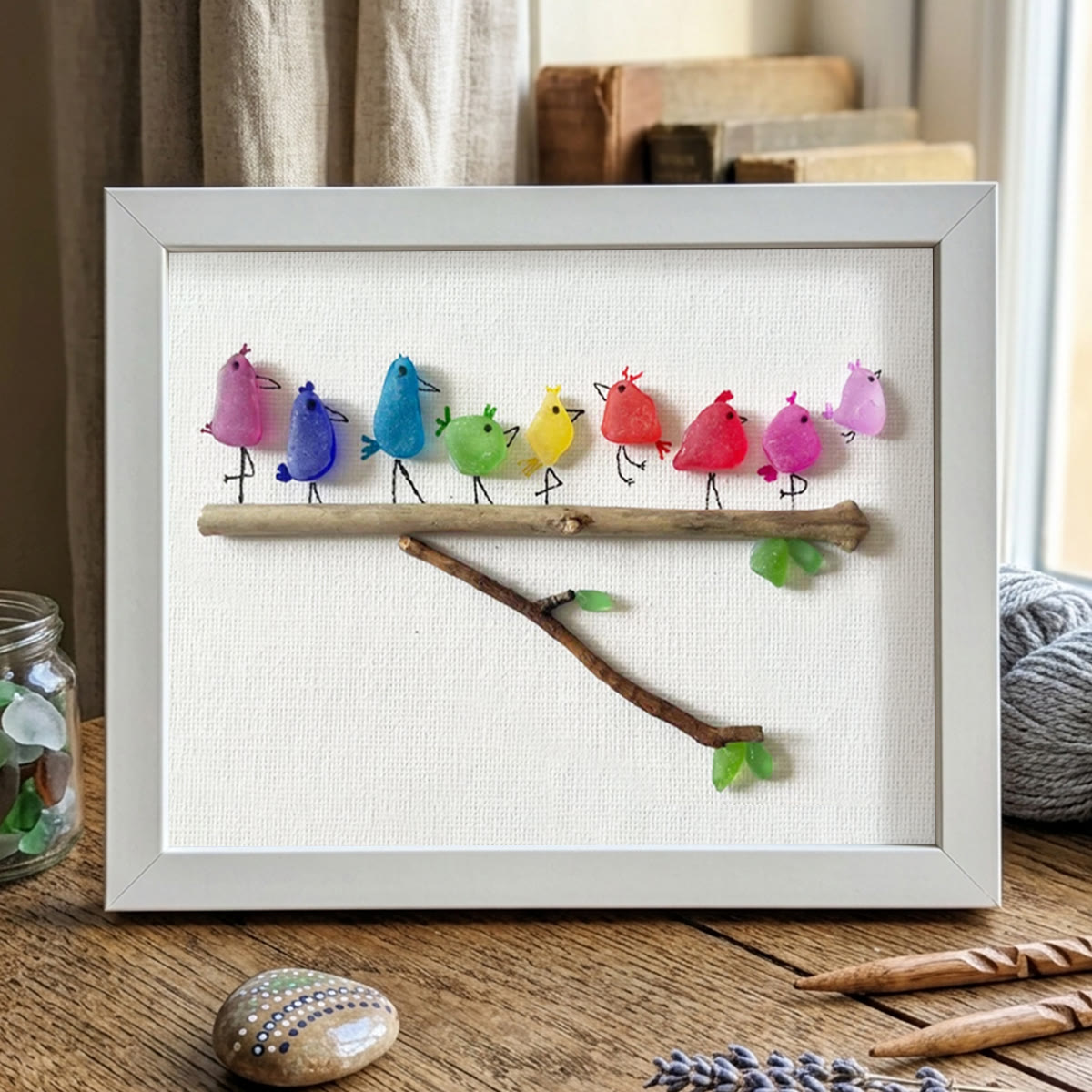 Rainbow Bird Family Chorus Sea Glass Framed Art - White - 6" X 8" - image 15