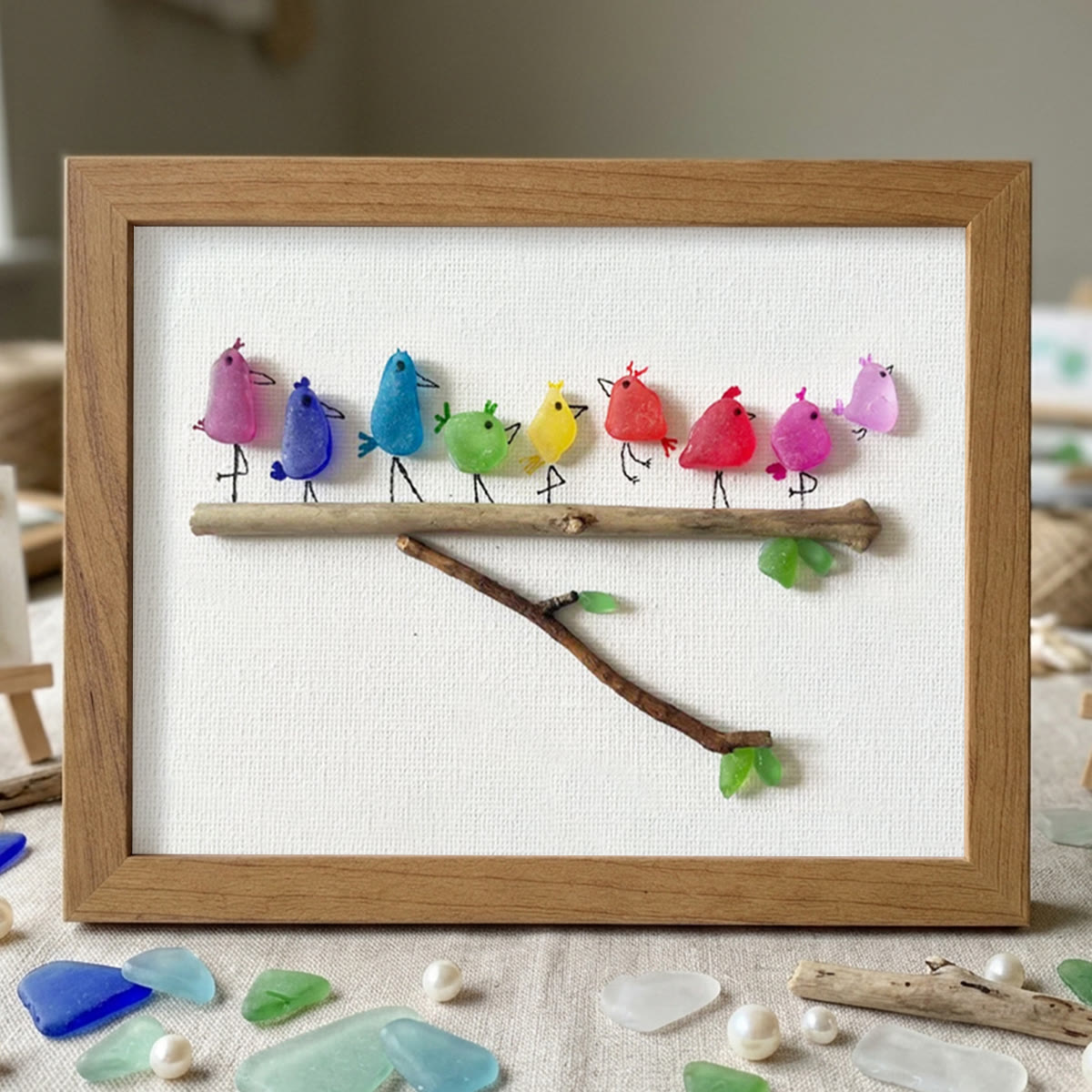 Rainbow Bird Family Chorus Sea Glass Framed Art - Walnut Brown - 6" X 8" - image 13
