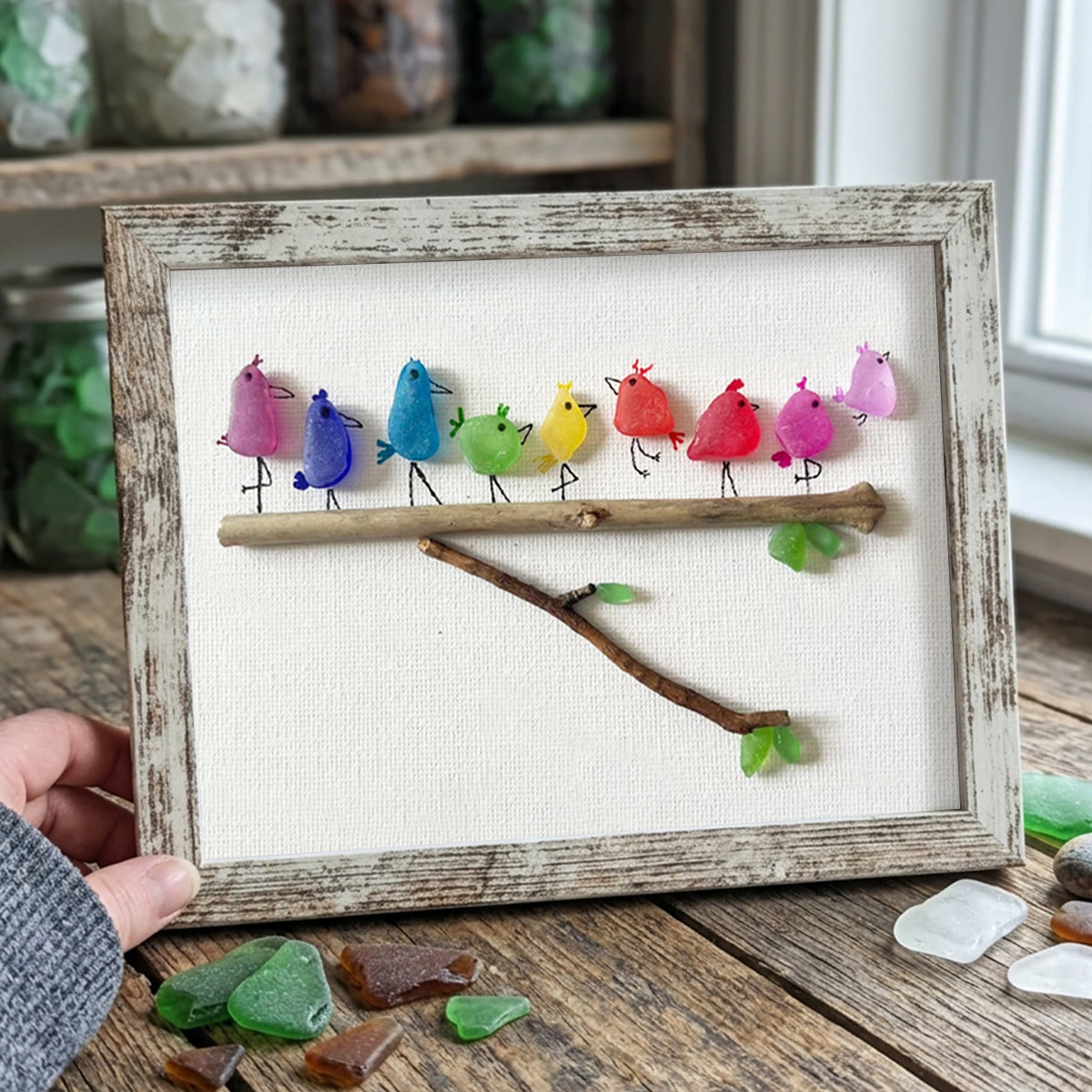 Rainbow Bird Family Chorus Sea Glass Framed Art - Retro White - 6" X 8" - image 16