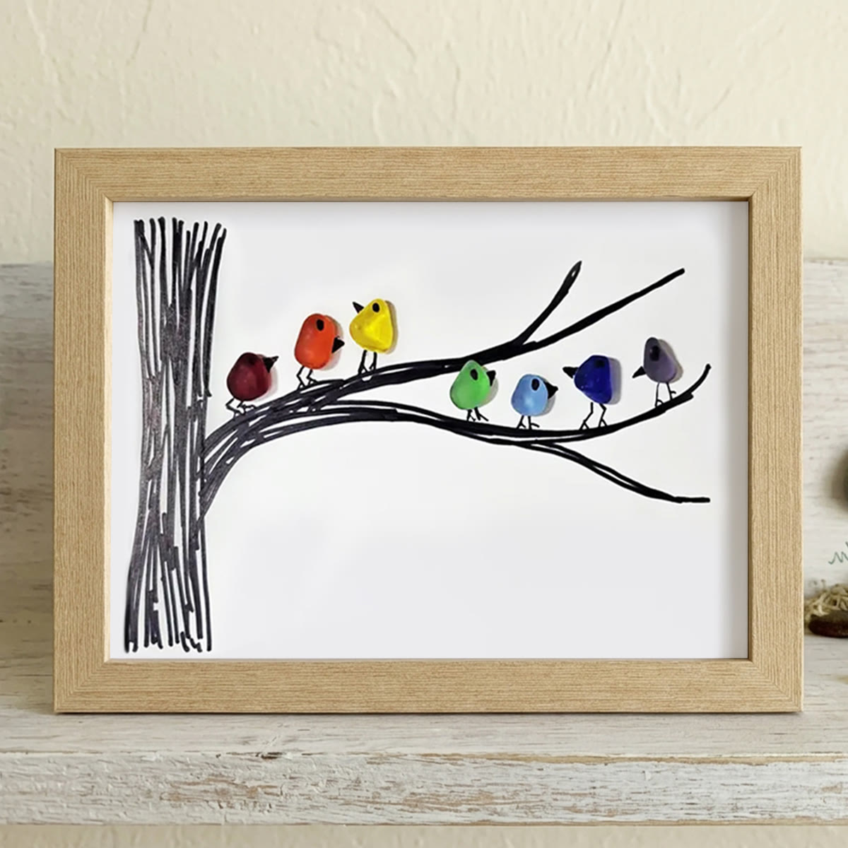 Rainbow Bird Gathering Family Sea Glass Framed Art - Oak - 6" X 8" - image 12