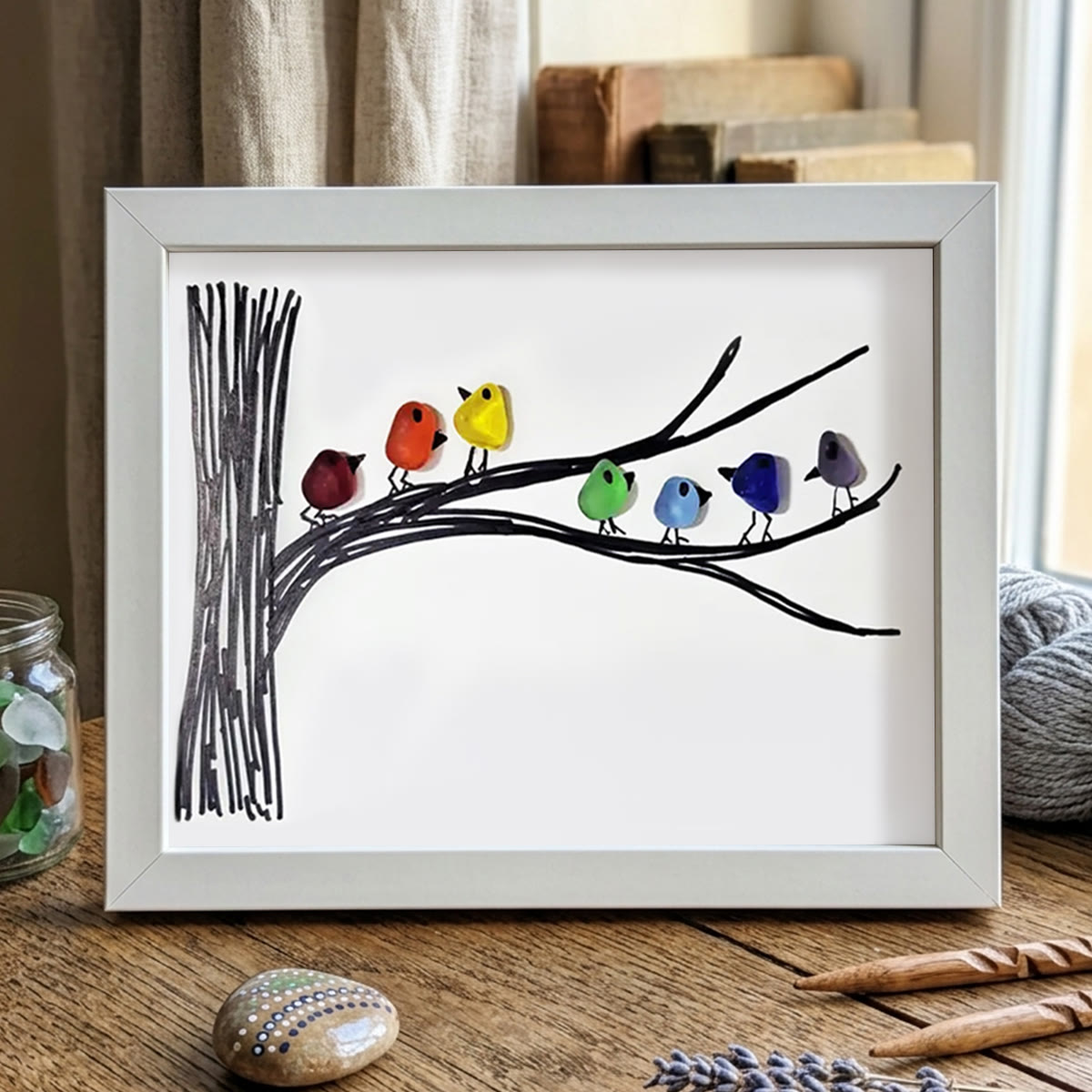 Rainbow Bird Gathering Family Sea Glass Framed Art - White - 6" X 8" - image 15