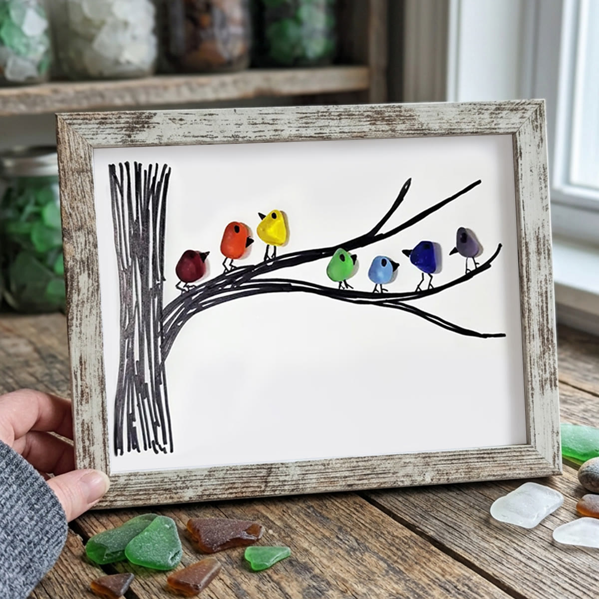 Rainbow Bird Gathering Family Sea Glass Framed Art - Retro White - 6" X 8" - image 16