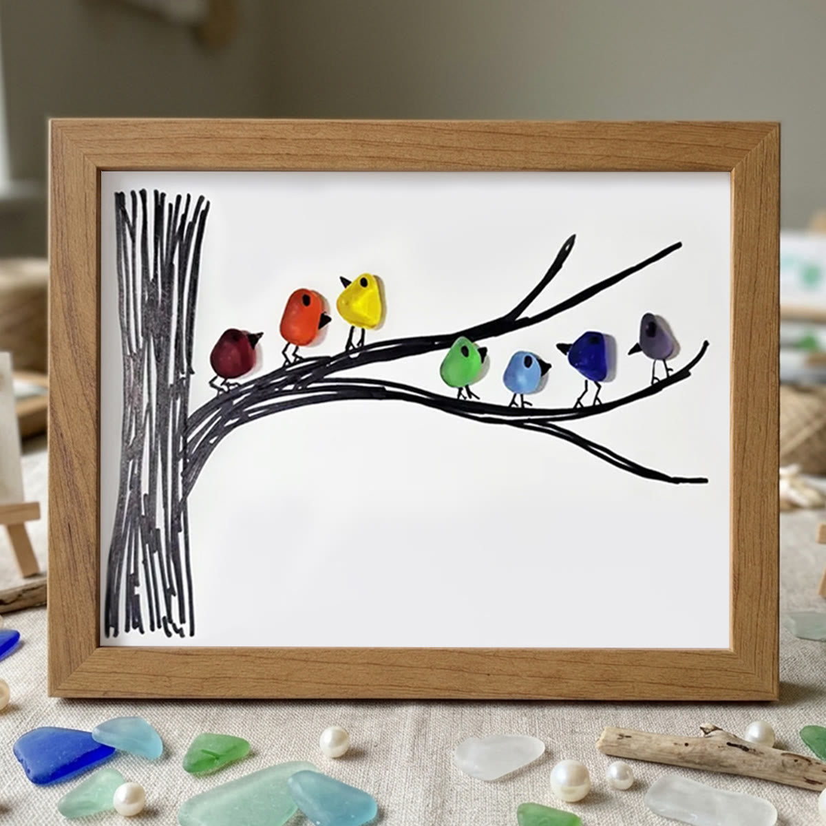 Rainbow Bird Gathering Family Sea Glass Framed Art - Walnut Brown - 6" X 8" - image 13