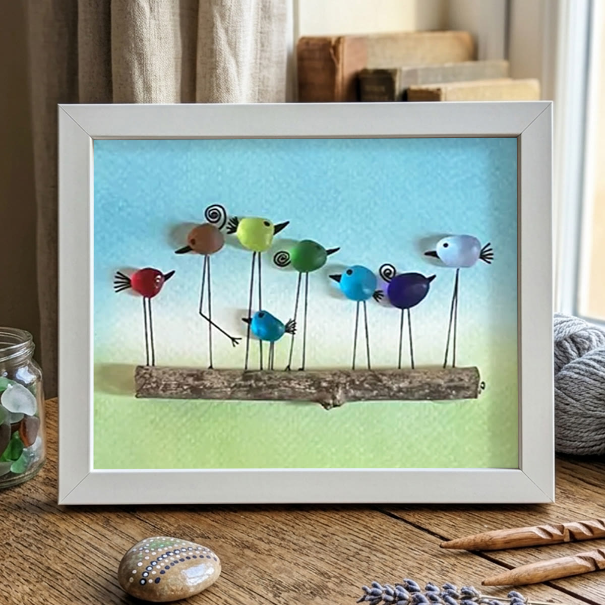 Whimsical Rainbow Bird Flock Gathering Sea Glass Framed Art - White - 6" X 8" - image 15