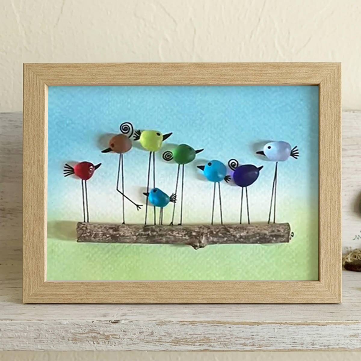 Whimsical Rainbow Bird Flock Gathering Sea Glass Framed Art - Oak - 6" X 8" - image 12