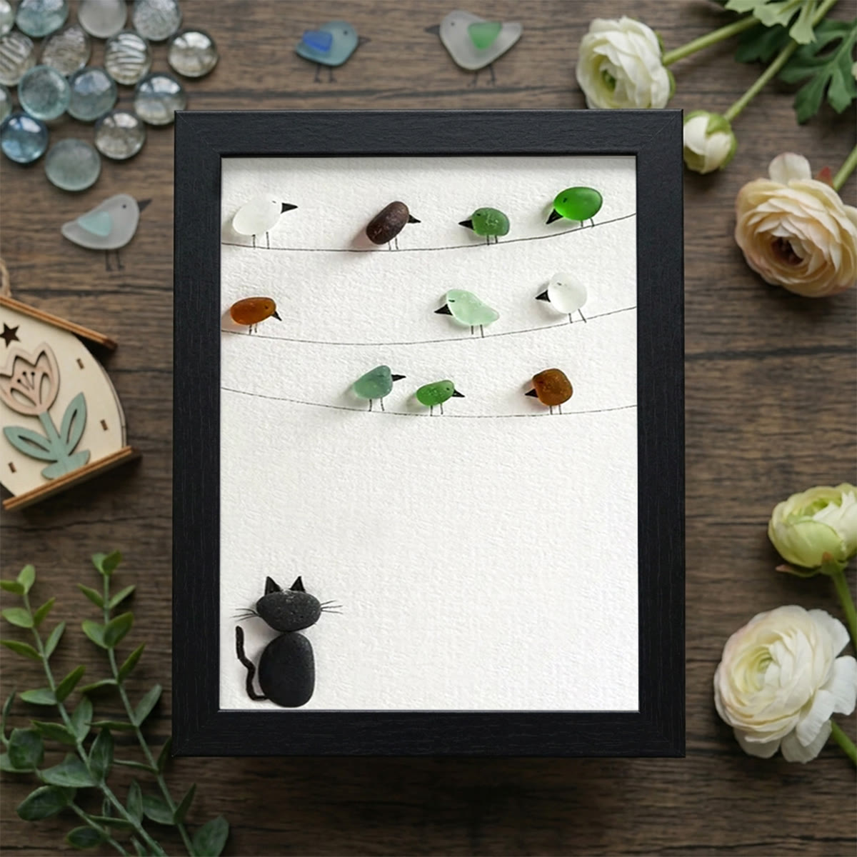 Playful Cat And Birds Sea Glass Framed Art For Pet Lovers - Black - 8" X 6" - image 11