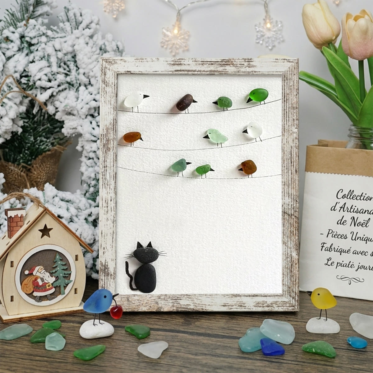 Playful Cat And Birds Sea Glass Framed Art For Pet Lovers - Retro White - 8" X 6" - image 13