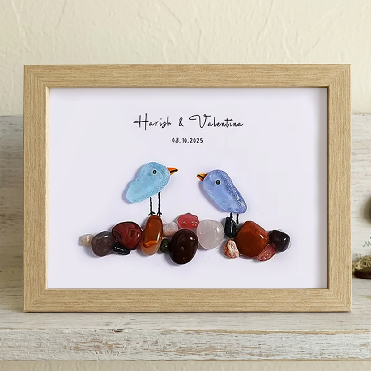 Love Birds Personalized Couple Name Sea Glass Framed Art - Oak - 6" X 8" - image 11