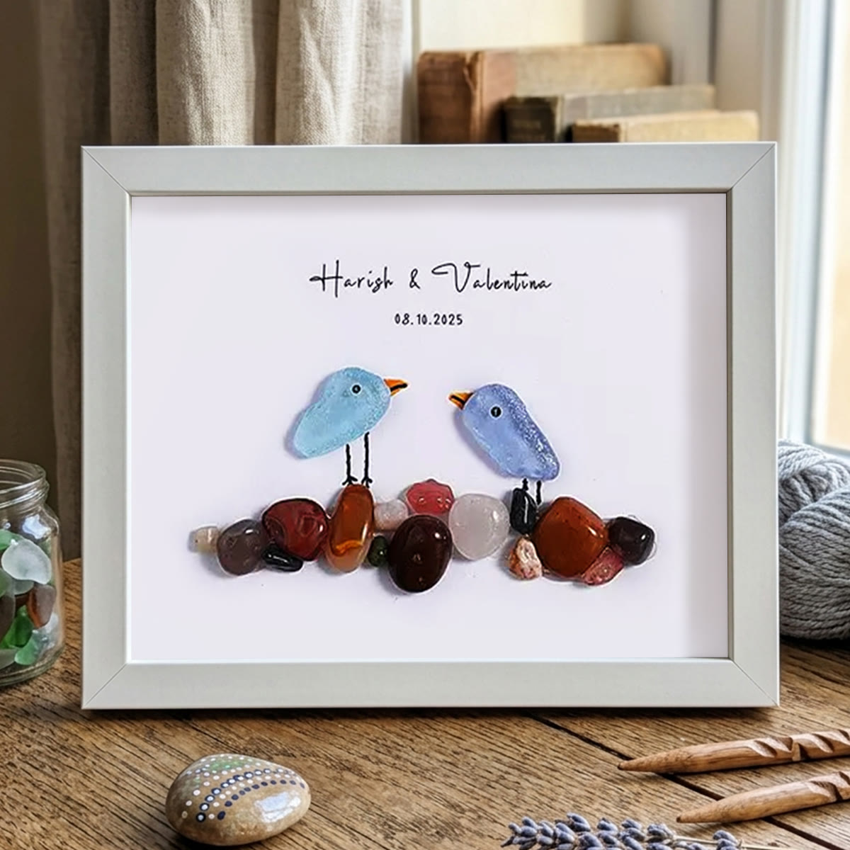 Love Birds Personalized Couple Name Sea Glass Framed Art - White - 6" X 8" - image 14