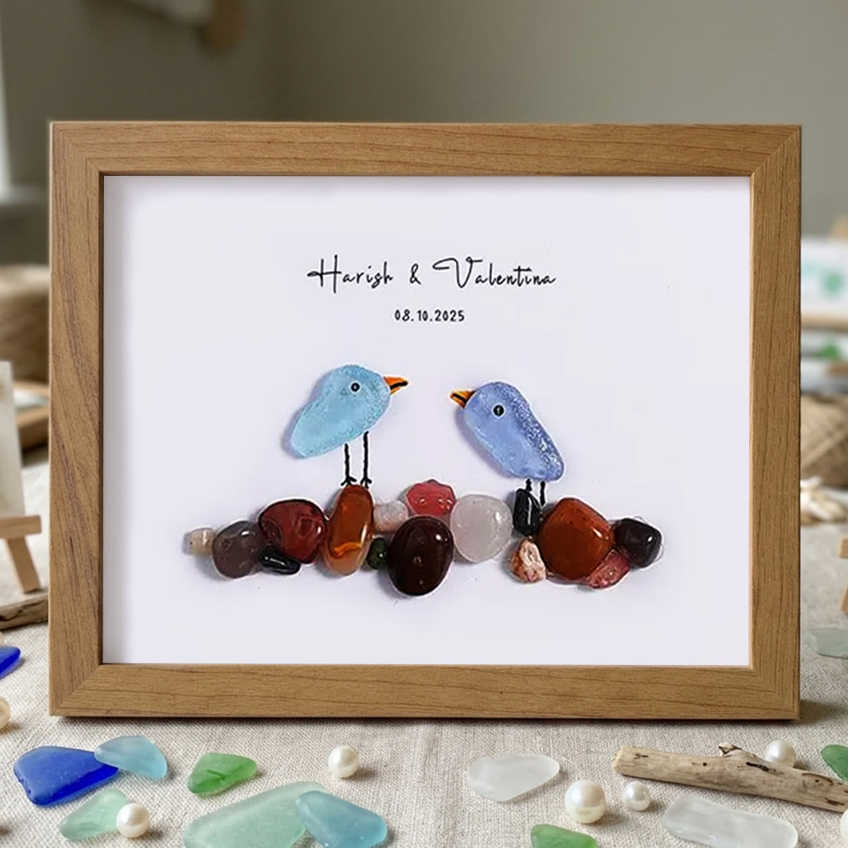 Love Birds Personalized Couple Name Sea Glass Framed Art - Walnut Brown - 6" X 8" - image 12
