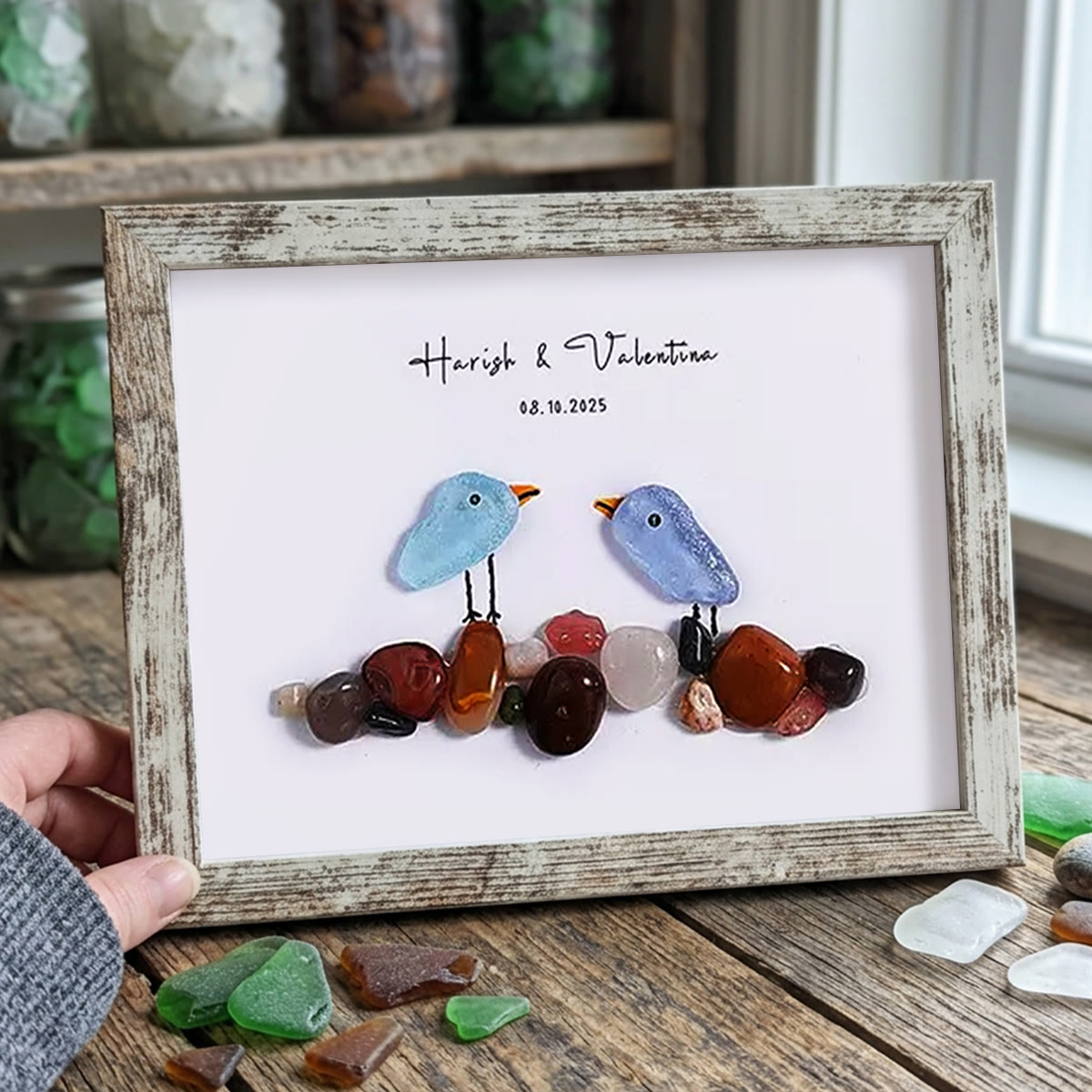 Love Birds Personalized Couple Name Sea Glass Framed Art - Retro White - 6" X 8" - image 15