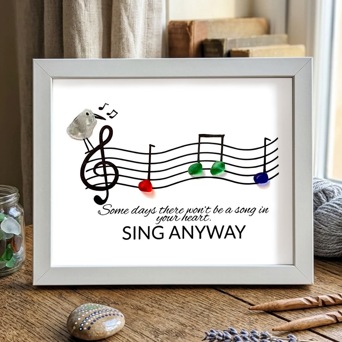 Music & Bird "Sing Anyway" Sea Glass Framed Art - White - 6" X 8" - image 16