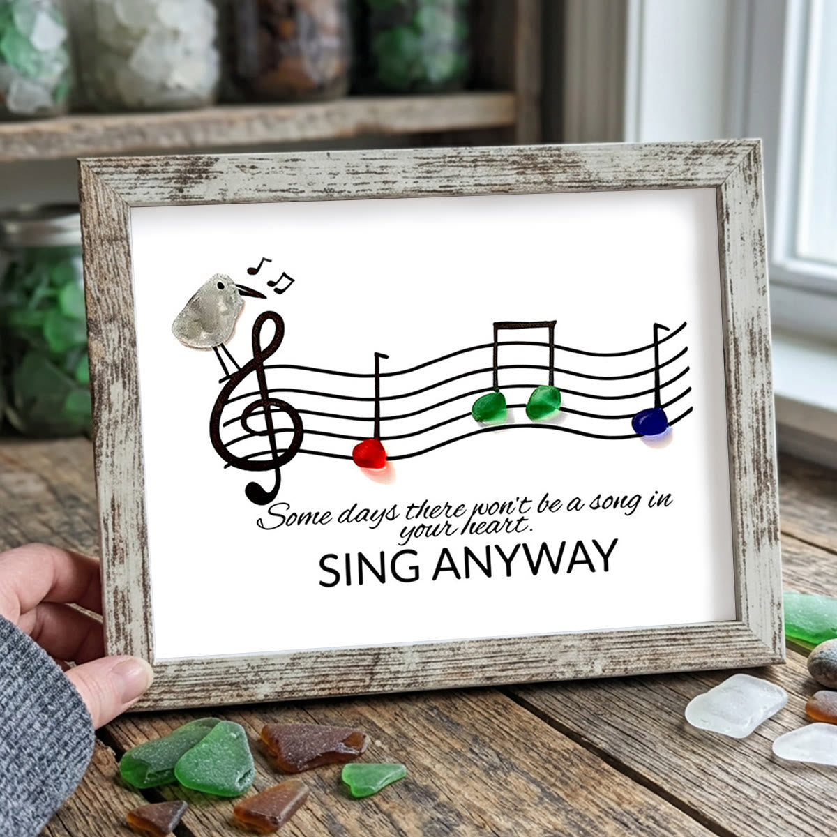 Music & Bird "Sing Anyway" Sea Glass Framed Art - Retro White - 6" X 8" - image 17