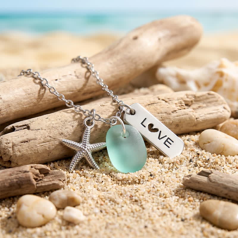 Coastal Boho Starfish & LOVE Tag Aqua Sea Glass Necklace - Silver - image 0