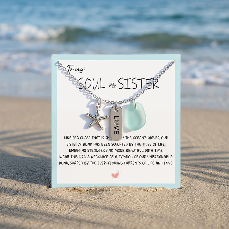Coastal Boho Starfish & LOVE Tag Aqua Sea Glass Necklace - image 2