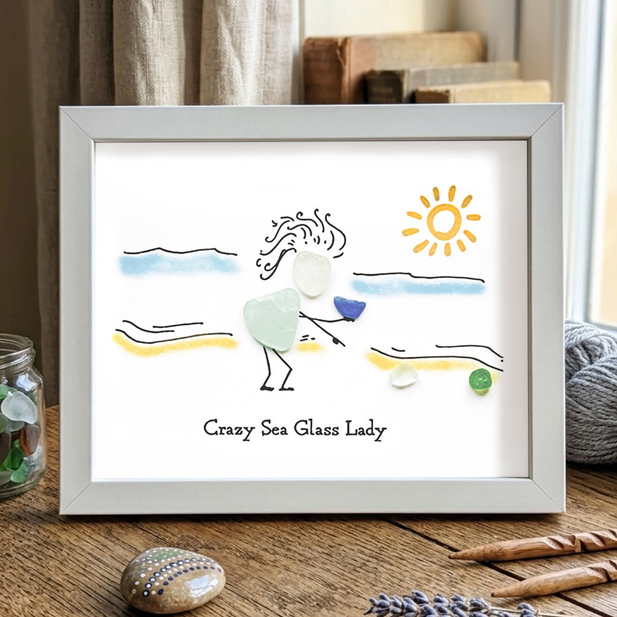 Summer Beach Crazy Sea Glass Lady Framed Art - White - 6" X 8" - image 16