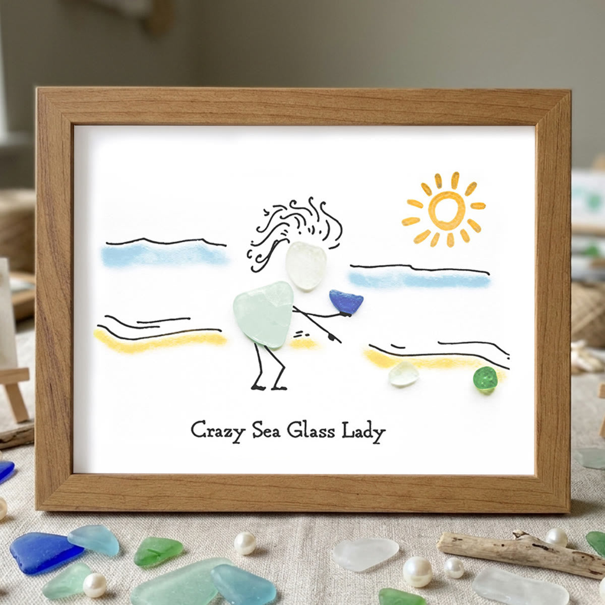 Summer Beach Crazy Sea Glass Lady Framed Art - Walnut Brown - 6" X 8" - image 14