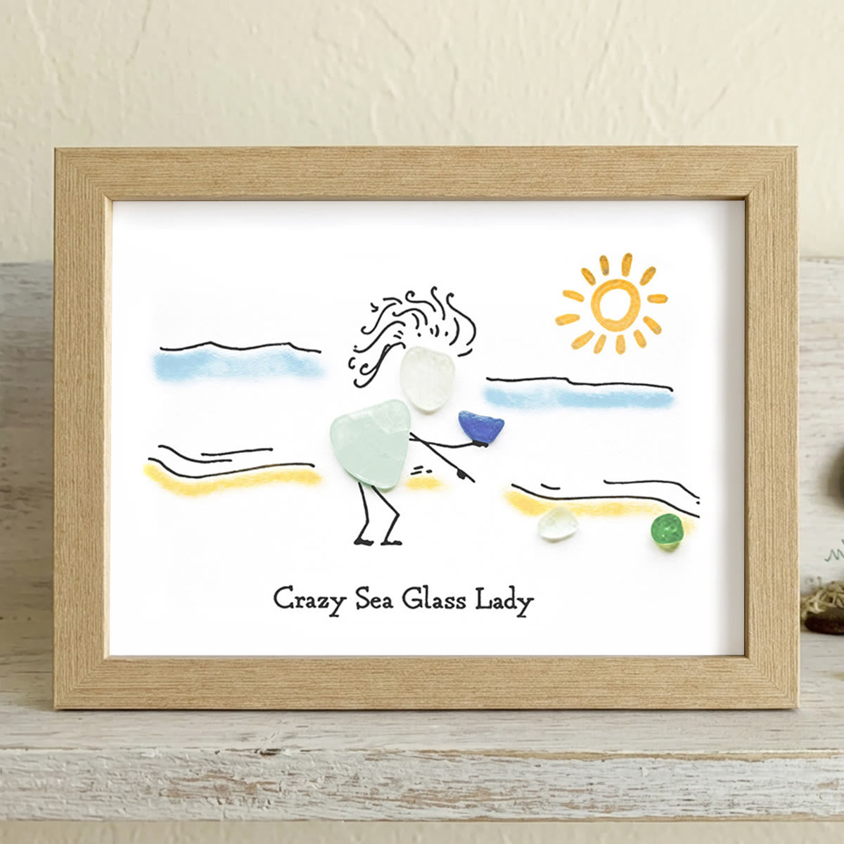 Summer Beach Crazy Sea Glass Lady Framed Art - Oak - 6" X 8" - image 13