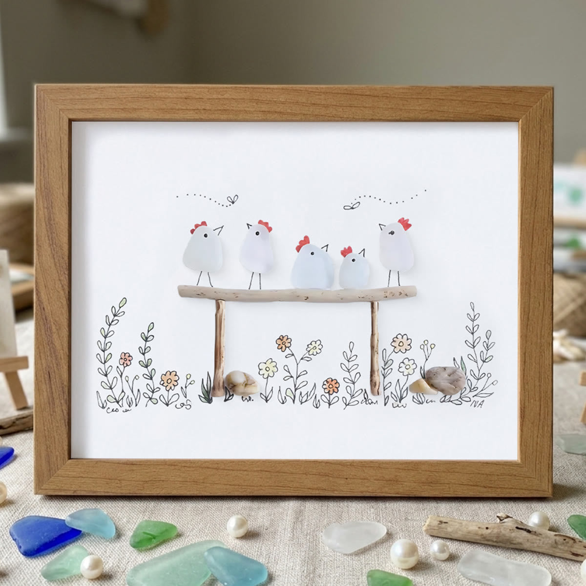 Chicken Family Farmhouse Sea Glass Framed Art - Walnut Brown - 6" X 8" - image 14