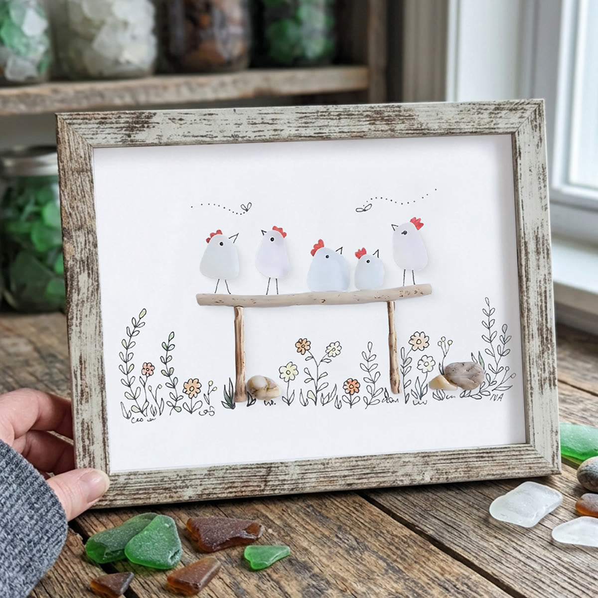 Chicken Family Farmhouse Sea Glass Framed Art - Retro White - 6" X 8" - image 17