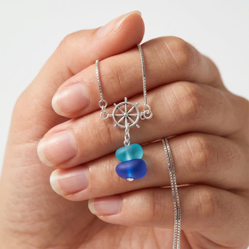 Coastal Adventure Nautical Helm Blue Sea Glass Necklace - image 3