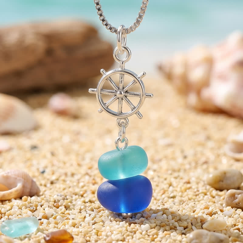 Coastal Adventure Nautical Helm Blue Sea Glass Necklace - Silver - image 0