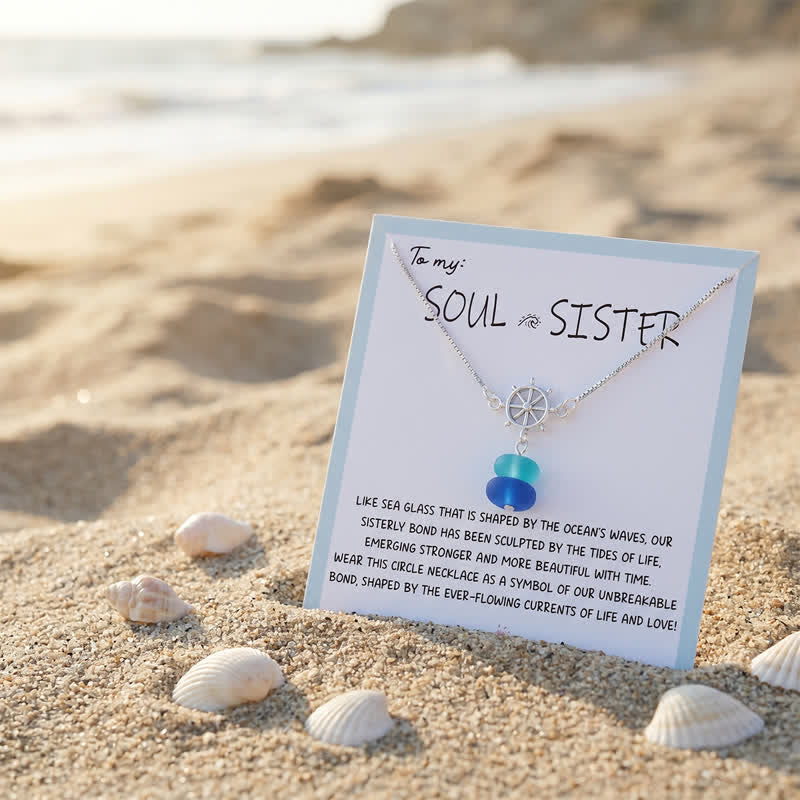 Coastal Adventure Nautical Helm Blue Sea Glass Necklace - image 2