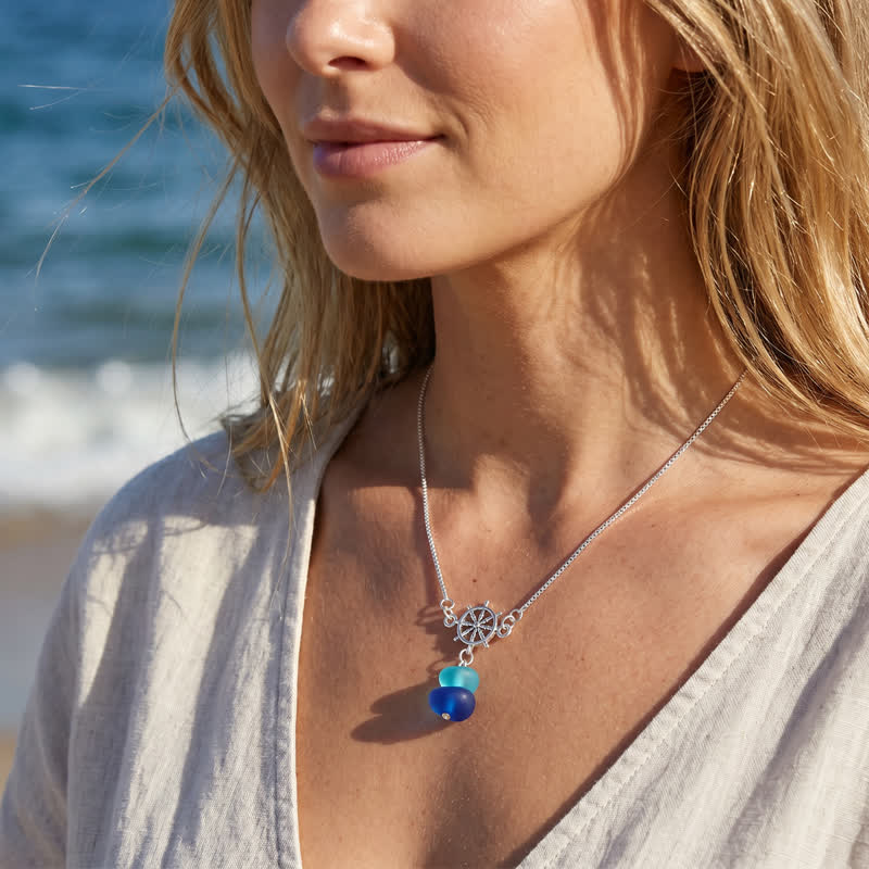 Coastal Adventure Nautical Helm Blue Sea Glass Necklace - image 1