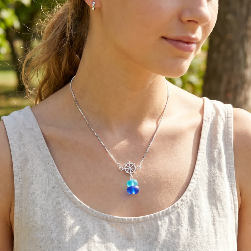 Coastal Adventure Nautical Helm Blue Sea Glass Necklace - image 6