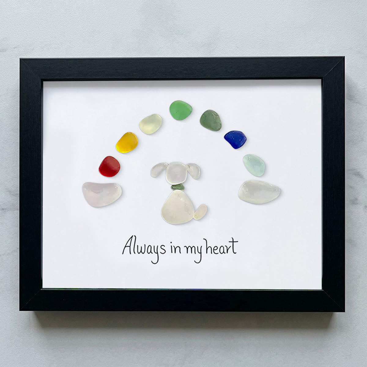 "Always in my heart" Rainbow Dog Memorial Sea Glass Framed Art - Black - 6" X 8" - image 15