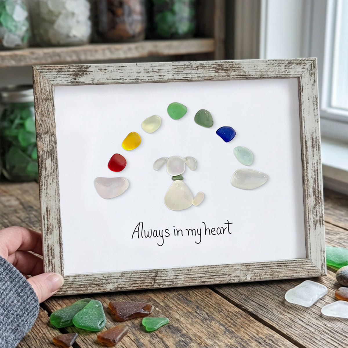 "Always in my heart" Rainbow Dog Memorial Sea Glass Framed Art - Retro White - 6" X 8" - image 17