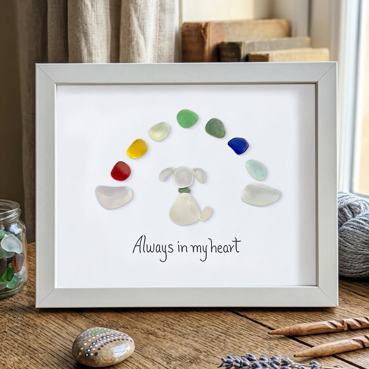 "Always in my heart" Rainbow Dog Memorial Sea Glass Framed Art - White - 6" X 8" - image 16