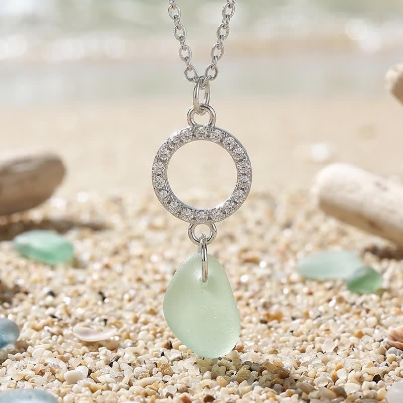 Elegant Crystal-Encrusted Hoop Light Green Sea Glass Necklace - Silver - image 0