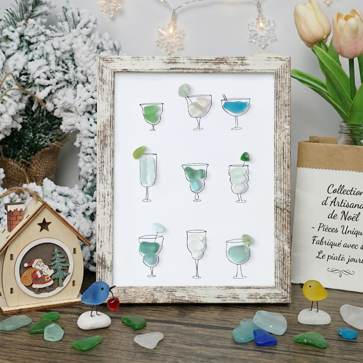 Coastal Cocktails Beachy Drink Sea Glass Framed Art - Retro White - 8" X 6" - image 13
