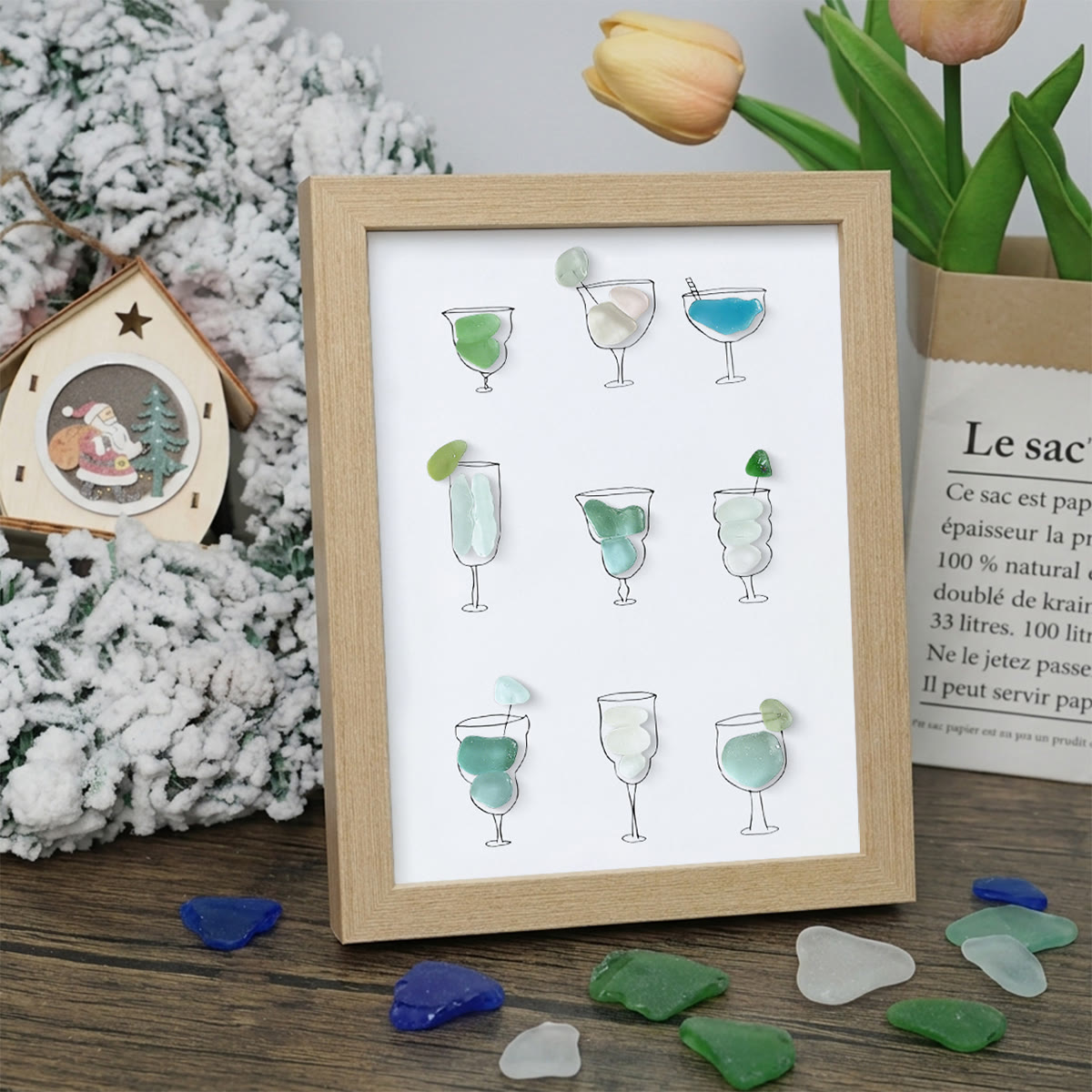 Coastal Cocktails Beachy Drink Sea Glass Framed Art - Oak - 8" X 6" - image 9