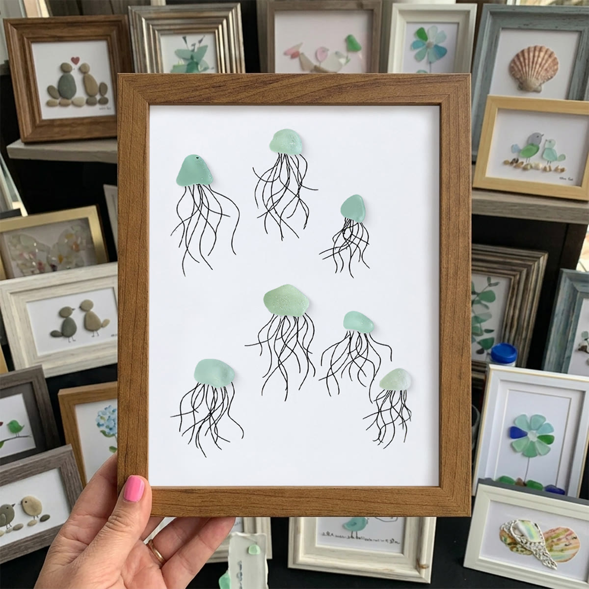 Ocean Drift Coastal Jellyfish Sea Glass Framed Art - Walnut Brown - 8" X 6" - image 11