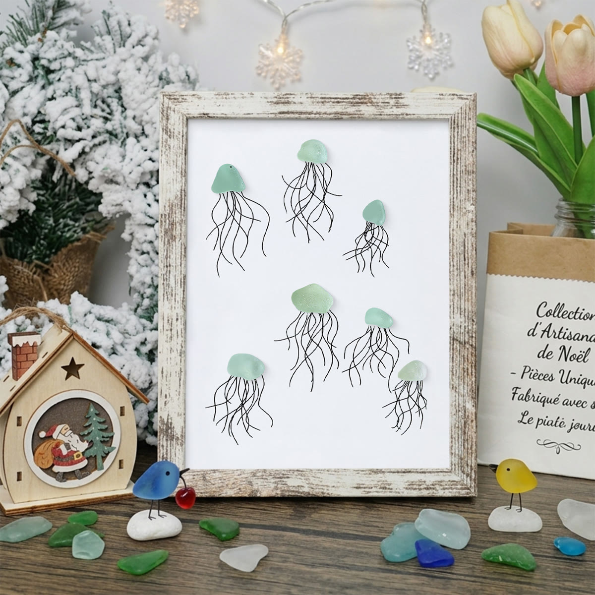 Ocean Drift Coastal Jellyfish Sea Glass Framed Art - Retro White - 8" X 6" - image 14
