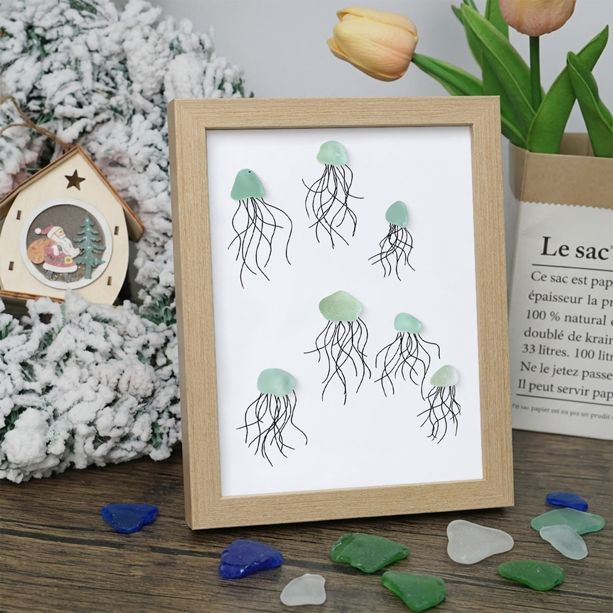 Ocean Drift Coastal Jellyfish Sea Glass Framed Art - Oak - 8" X 6" - image 10