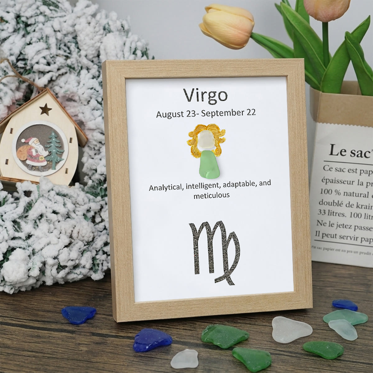 Virgo Essence Zodiac Sea Glass Framed Art - Oak - 8" X 6" - image 10