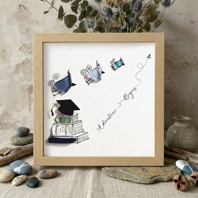 Adventure Begins Graduation Sea Glass Framed Art - Oak - 8" X 8" - image 5