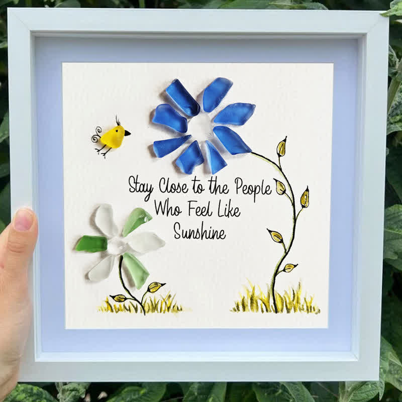 Sunshine People Flower & Yellow Bird Sea Glass Framed Art - image 0