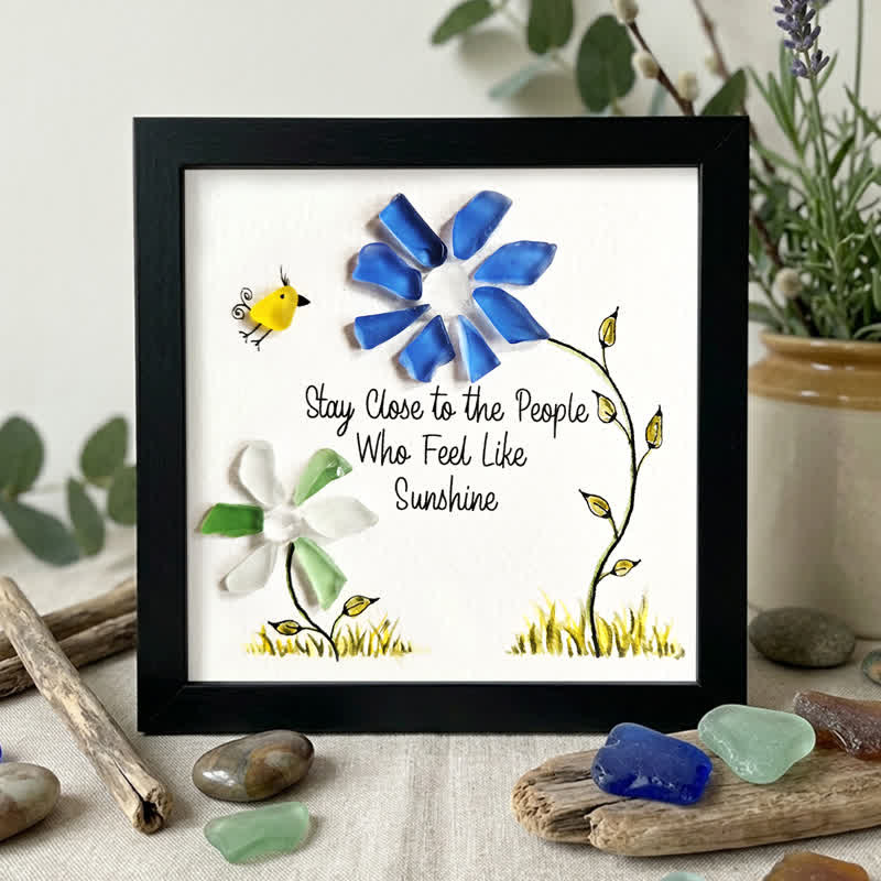 Sunshine People Flower & Yellow Bird Sea Glass Framed Art - Black - 8" X 8" - image 6