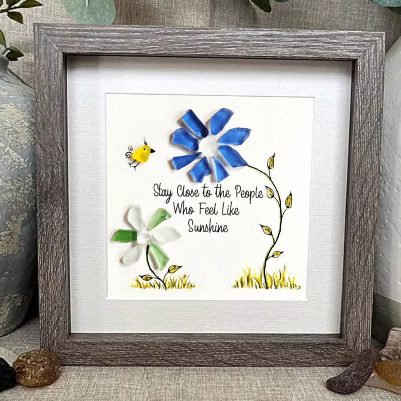 Sunshine People Flower & Yellow Bird Sea Glass Framed Art - image 3