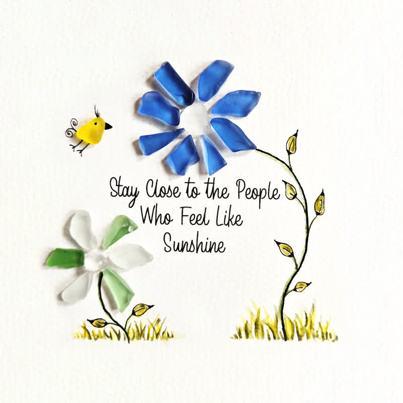 Sunshine People Flower & Yellow Bird Sea Glass Framed Art - Seaglass Card - 8" X 8" - image 1