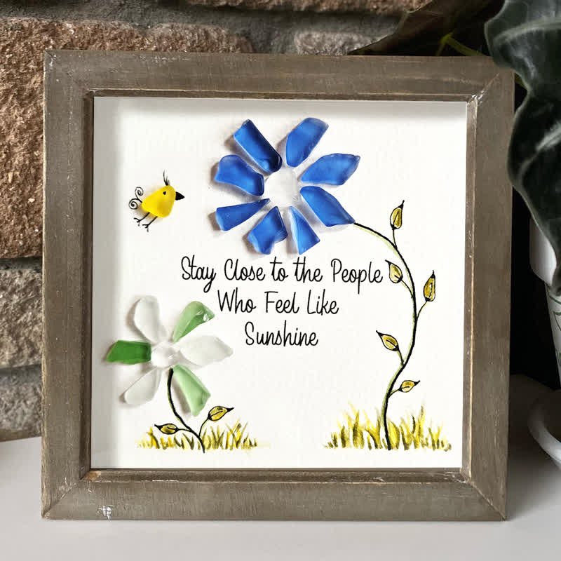 Sunshine People Flower & Yellow Bird Sea Glass Framed Art - image 4