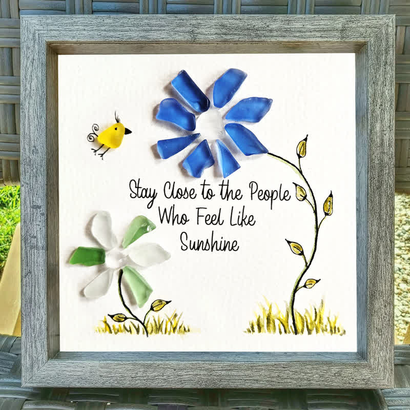Sunshine People Flower & Yellow Bird Sea Glass Framed Art - image 2