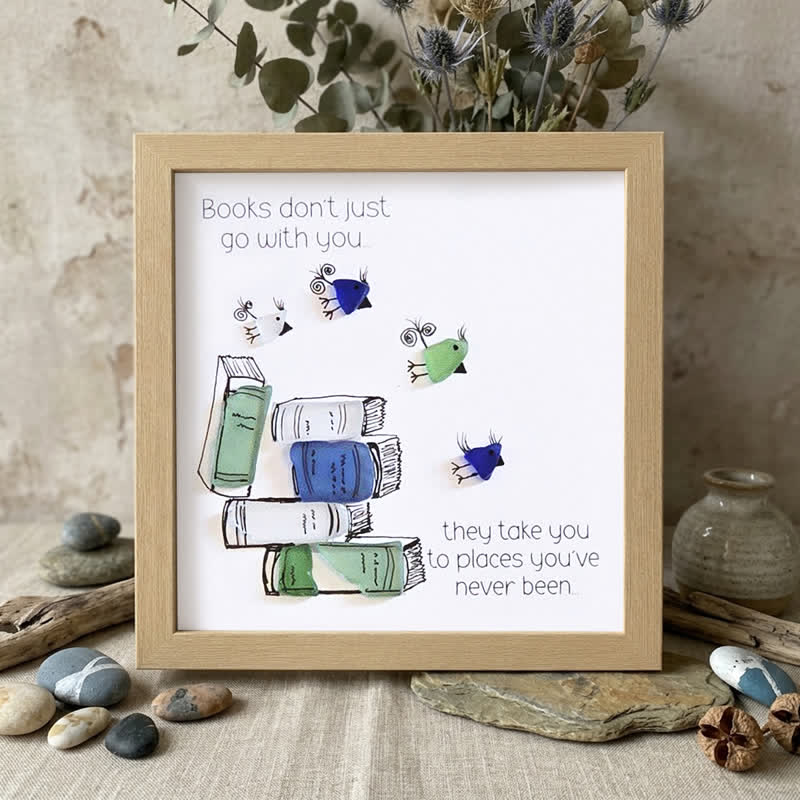 Book Lover Inspirational Quote Sea Glass Framed Art - Oak - 8" X 8" - image 5